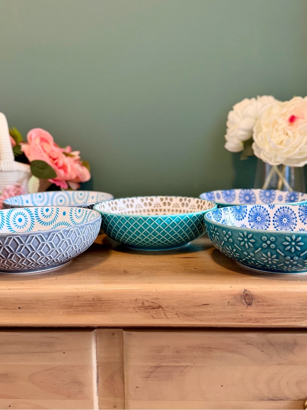 5 Signature Housewares Stoneware Bowls Blue Teal Grey Pattern 14.5oz - Picture 3 of 8
